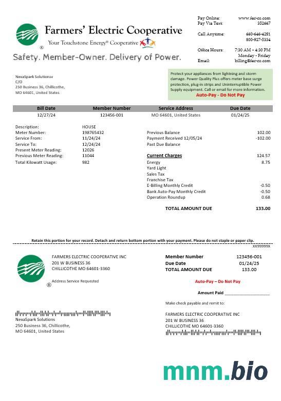 USA Ohio Farmer' s Electric Cooperative rachunek za usługi komunalne szablon w formacie Word i PDF